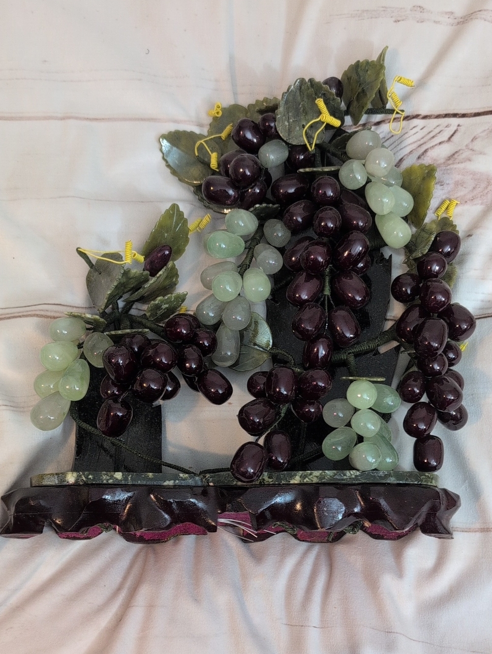 Vintage Chinese Hardstone Grape Tree Sculpture Carved Stone Wood Base 15